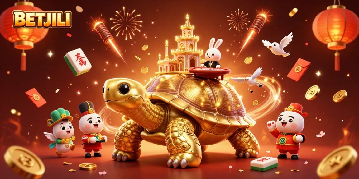 Experience the exciting world of BETJILI with the golden tortoise casino and rabbit dealer in a vibrant 3D scene.