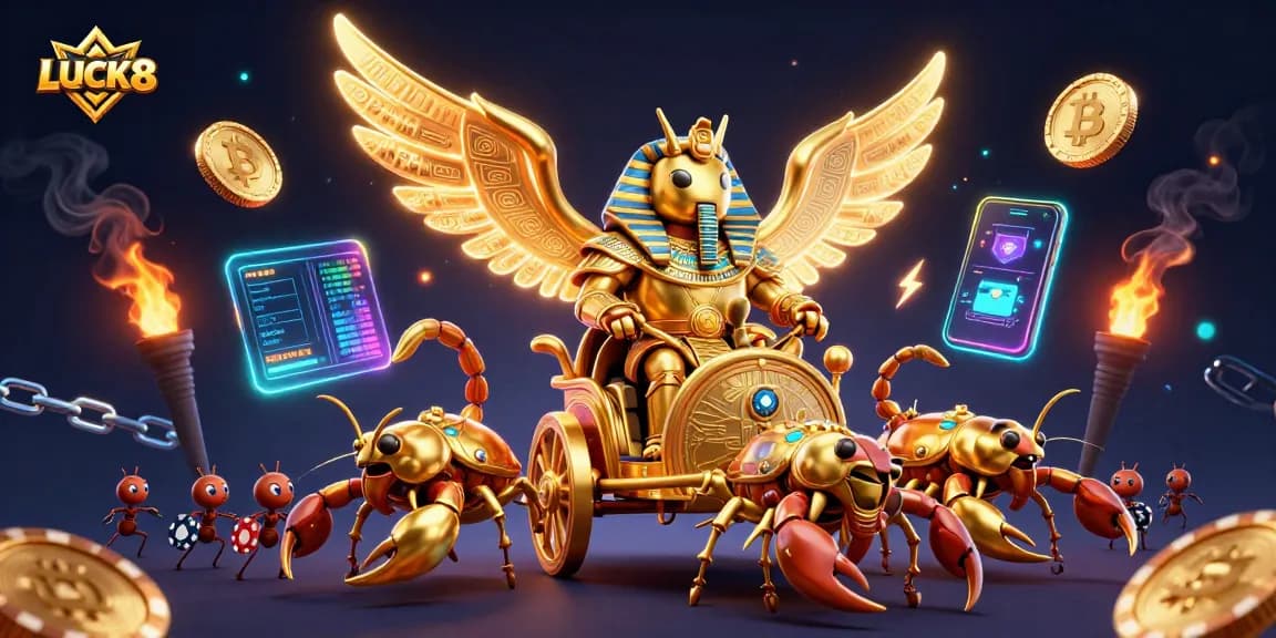 Experience LUCK8 excitement with a golden scarab beetle in a dynamic casino scene.