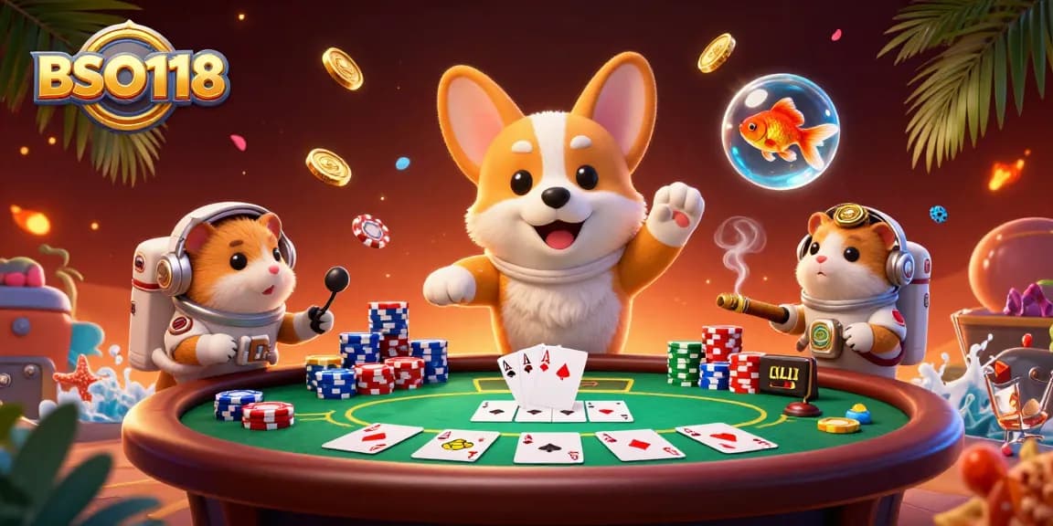 Experience thrilling play at BSO118's casino with a floating corgi, poker chips, and golden coins!