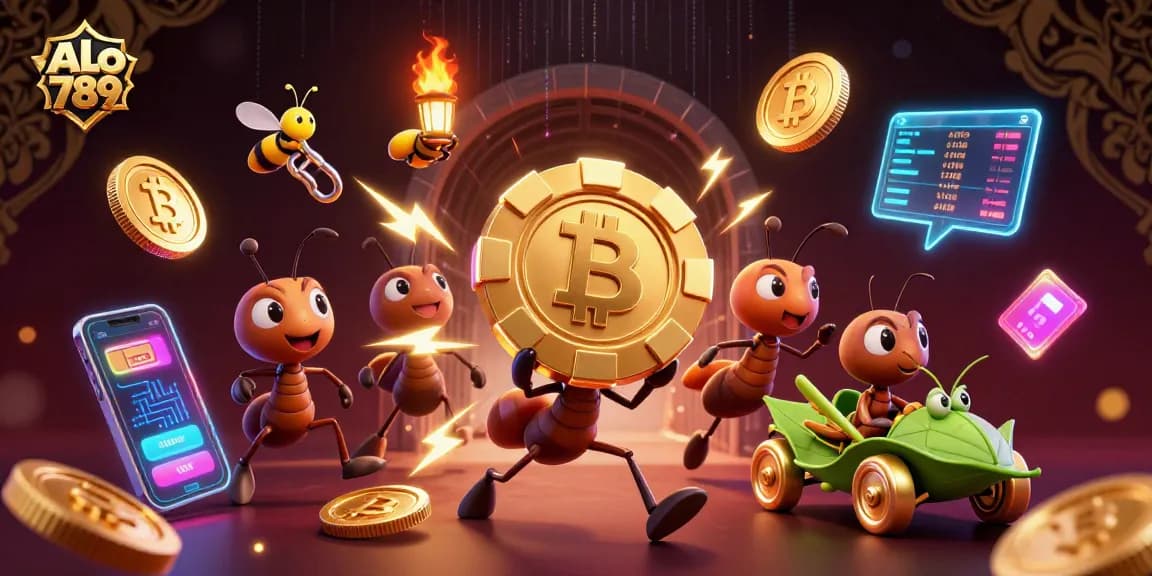 Engage in thrilling actions with ALo 789 as cartoon ants execute a heist featuring vibrant crypto elements.