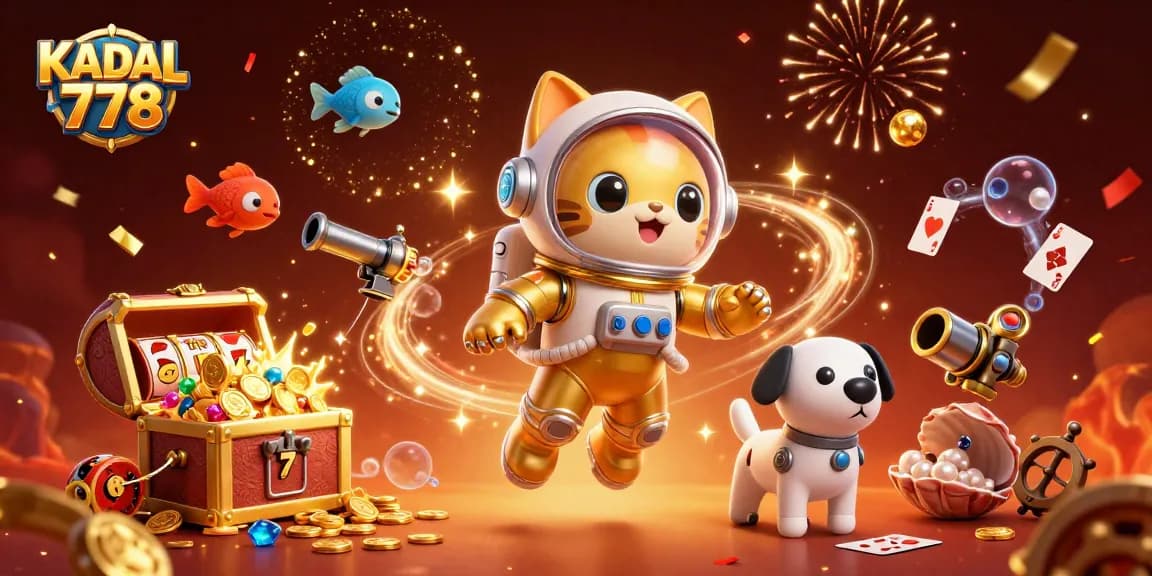 Engage with KADAL 778 as a playful cat astronaut and robot dog discover treasures in a vibrant casino scene.