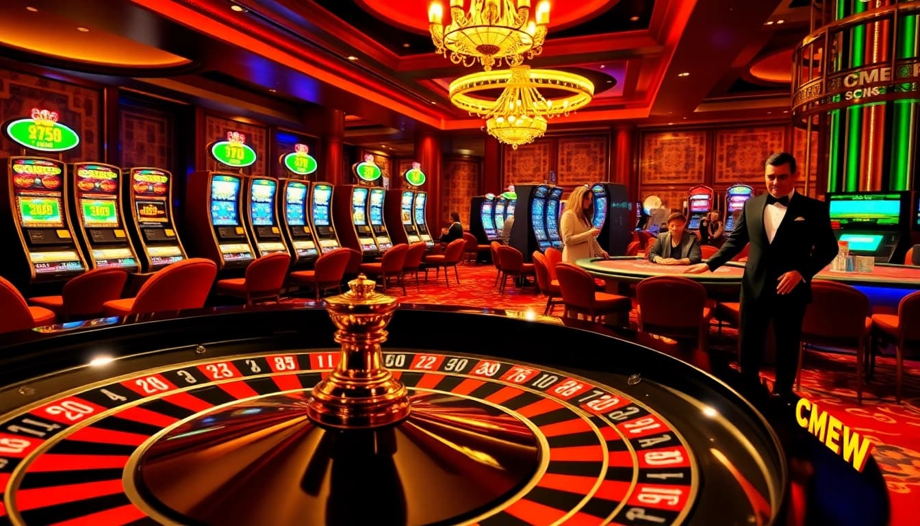 Exciting casino scene featuring CM88 at a roulette wheel, with players engaging in thrilling bets.