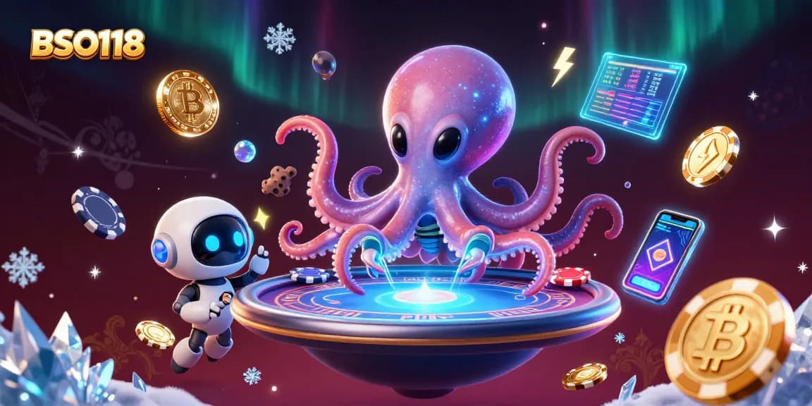 Engage with BSO118 as a cartoon alien octopus operates a holographic poker table in space.