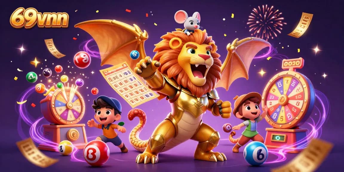 Spin the excitement at 69vnn with a vibrant lottery scene featuring roaring imagery and colorful elements.