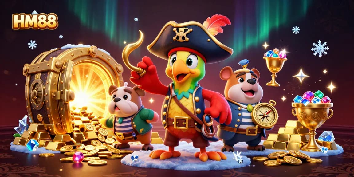 HM88 pirate-themed digital illustration featuring treasure, gems, and vibrant casino elements.