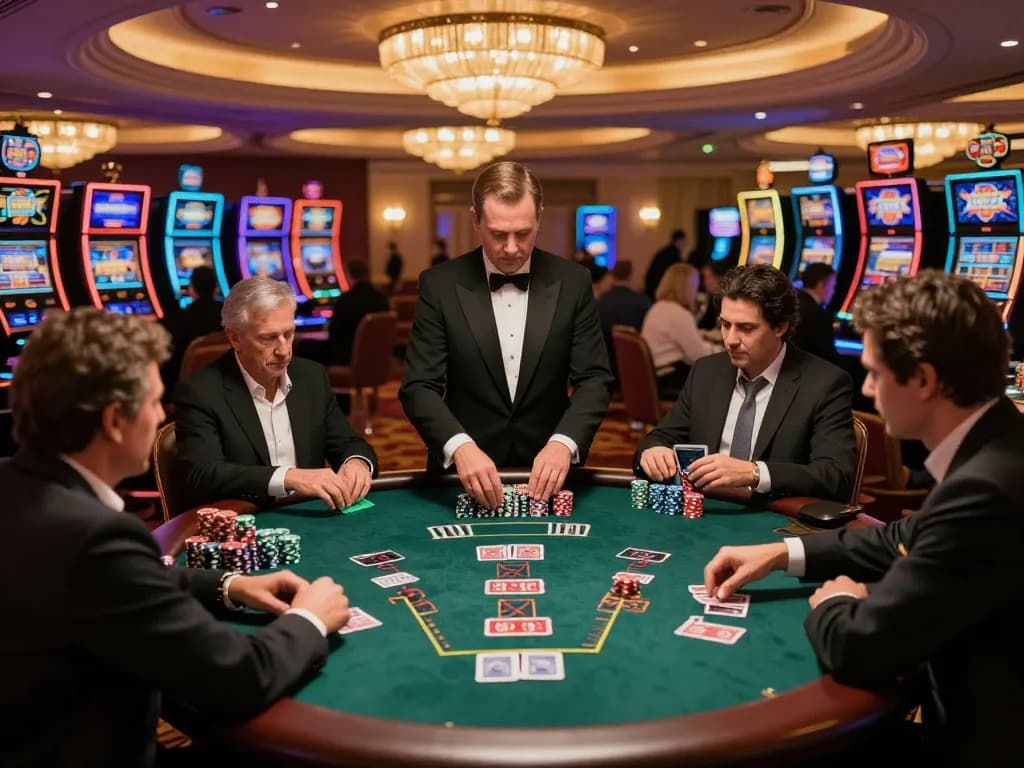 Players at c168's blackjack table strategizing their bets amidst a bustling casino.