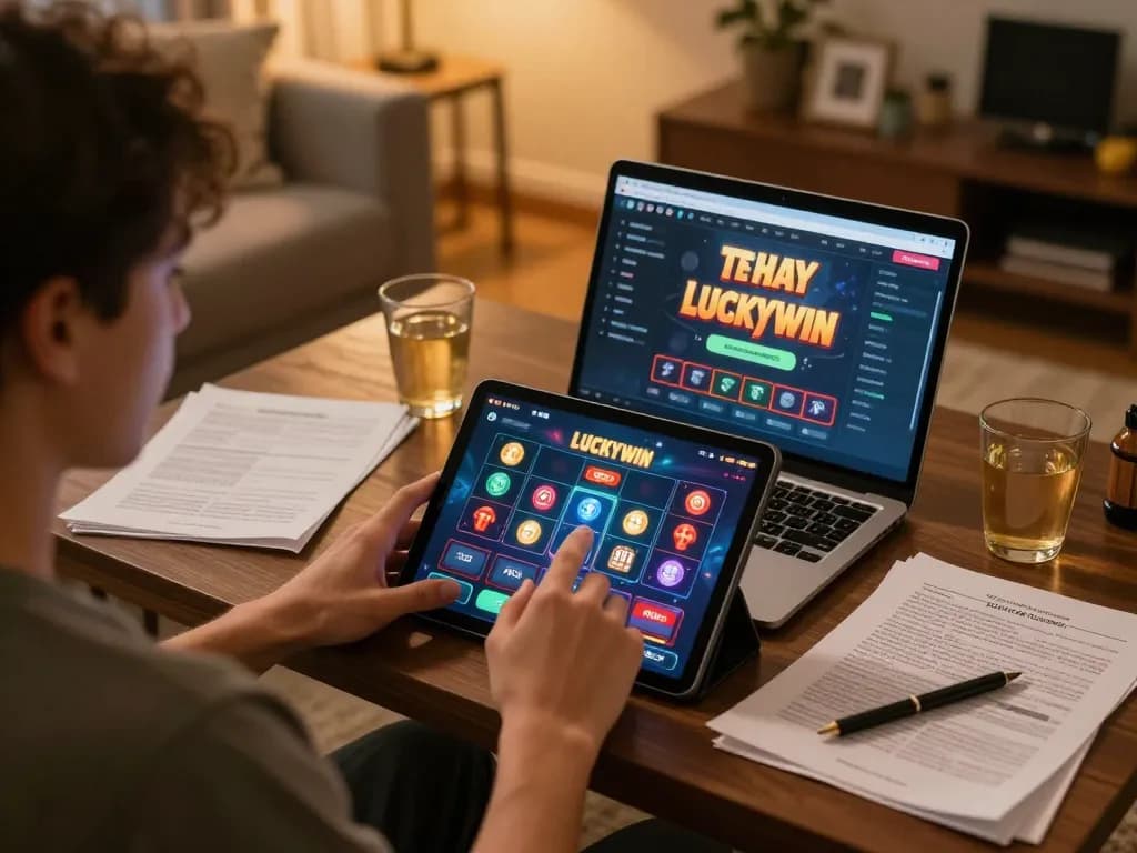Engaged player using the Luckywin app on a tablet during a cozy online gaming session.