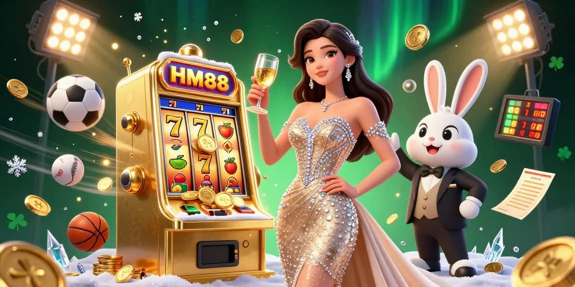 Experience the thrill of HM88 with vibrant casino elements, featuring a toast beside a jackpot slot.