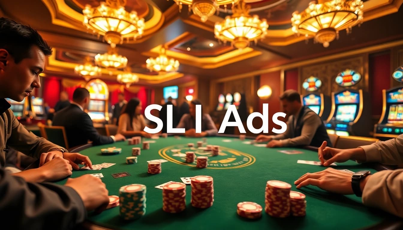 SL Ads features a luxurious poker scene with players engaged at the table amid vibrant casino elements.