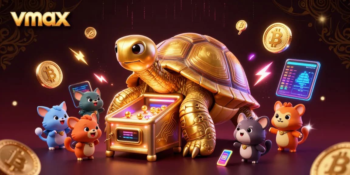 Experience thrilling vmax gaming with a colossal turtle pinball machine and vibrant crypto elements.