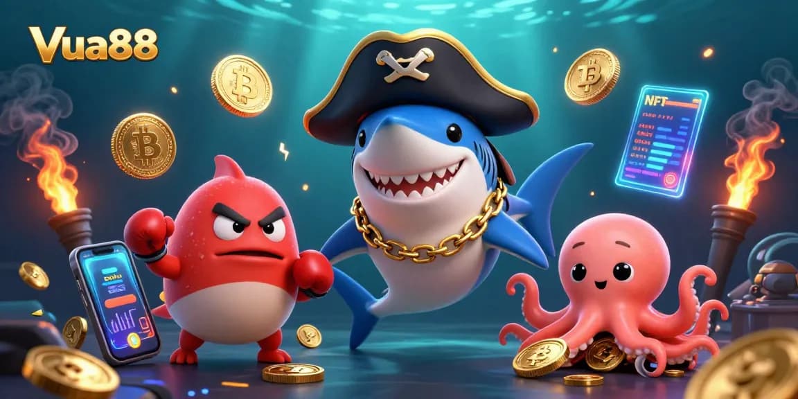 Engage with Vua88 through vibrant casino-themed animated illustration featuring dynamic characters and cryptocurrency elements.