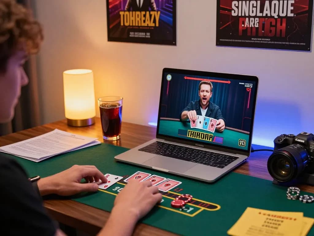 Engaging in live dealer blackjack with Net88 on a stylish home office setup, showcasing strategy notes.