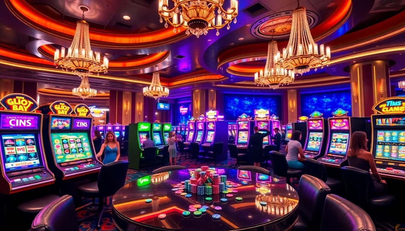 Players winning on vibrant slot777 machines in a luxurious casino setting.
