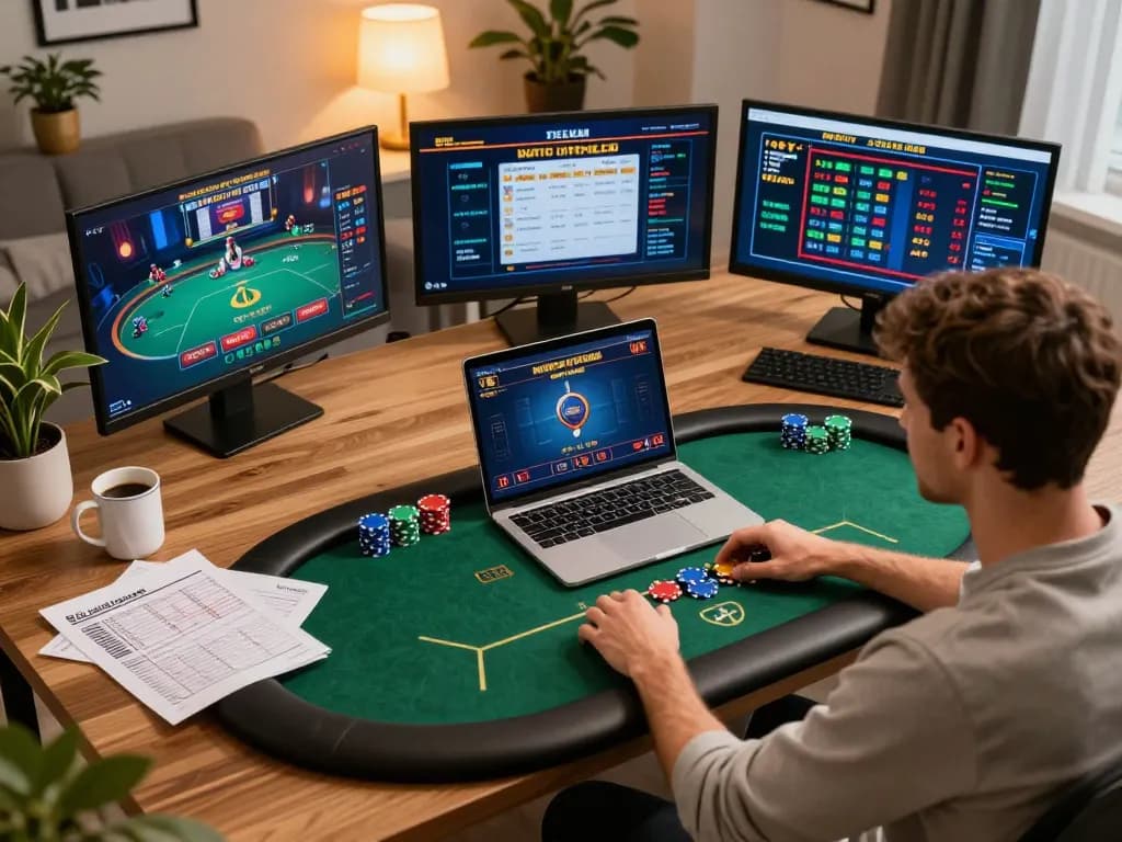 Engaged player using laptop for MB66 online poker game, showcasing strategic gameplay.