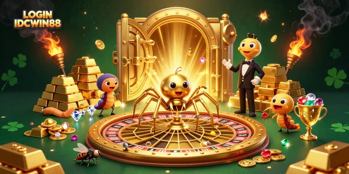 Engage with LOGIN IDCWIN88 at the ultimate gambling experience featuring a golden spider and treasures.