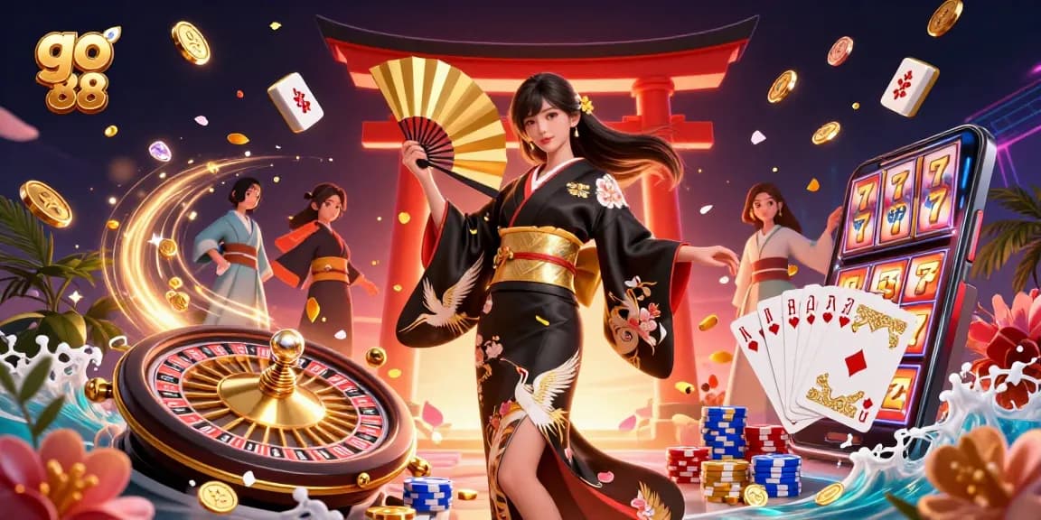 Engage with the spirited world of go 88 casino gaming featuring a stunning illustration of a graceful Asian woman and dynamic casino elements.