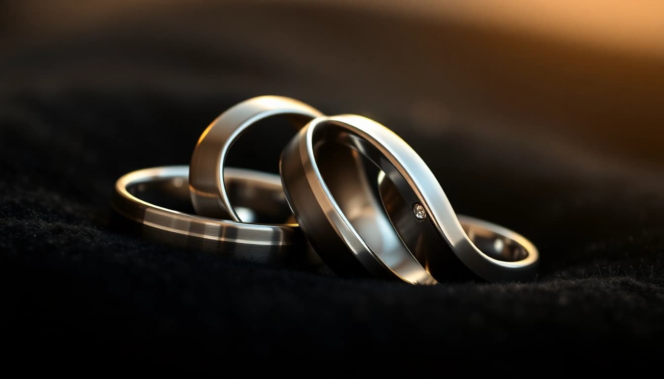 Tungsten rings elegantly displayed on velvet, showcasing their stunning texture and shine.