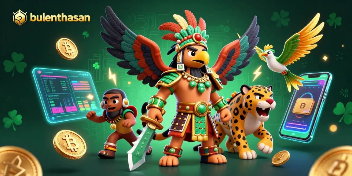 Bulenthasan showcases a vibrant 3D illustration featuring Aztec warriors and cryptocurrencies in a rich casino atmosphere.