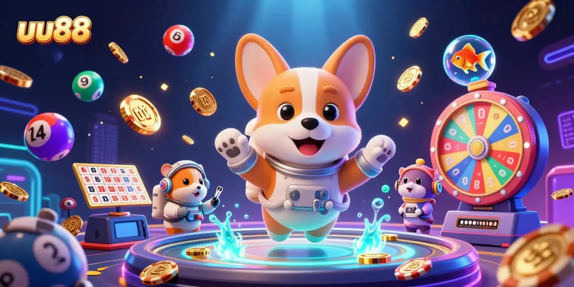 Experience immersive fun at uu88 with a whimsical 3D casino illustration featuring playful characters.