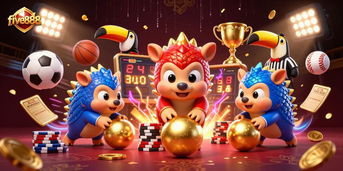 Engage with five888's thrilling action as rival pangolins roll golden balls and chips in a casino showdown.