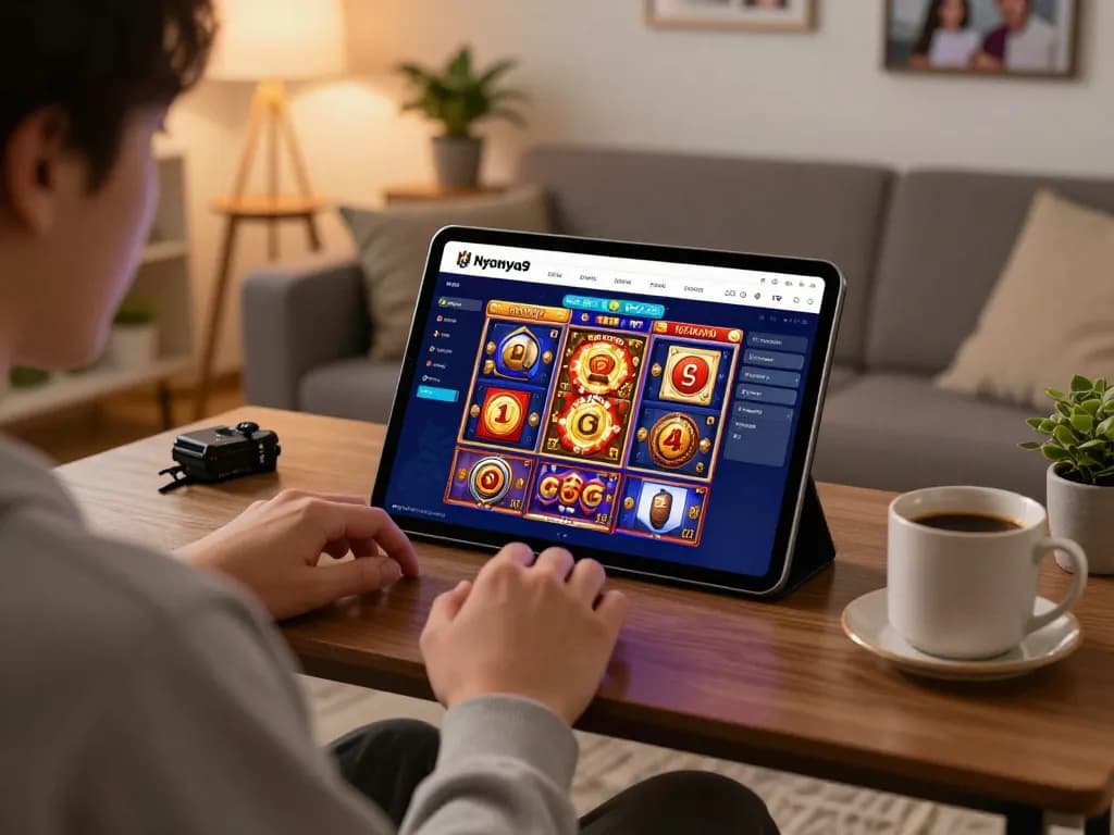 Nyonya9 player engaging in online slots gaming from a cozy home setup