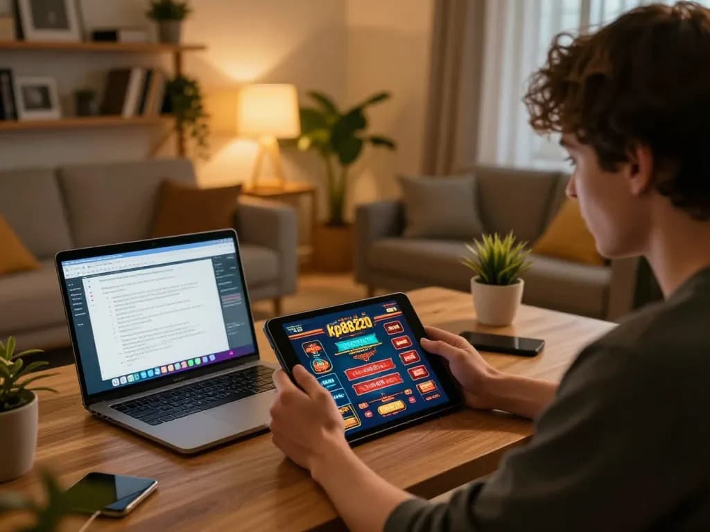 Engaging with kp88220 online casino games on a tablet in a cozy living room setting