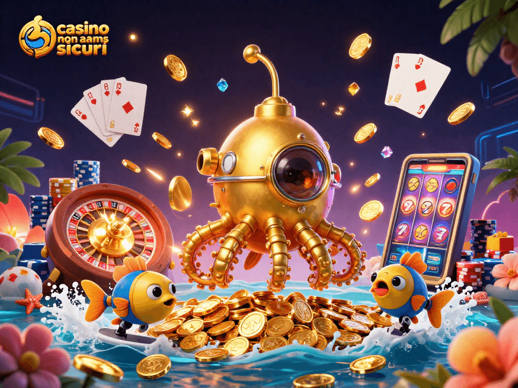 Gioca nei casino non AAMS sicuri con il kraken d'oro emergente tra monete dorate e simboli delle slot.