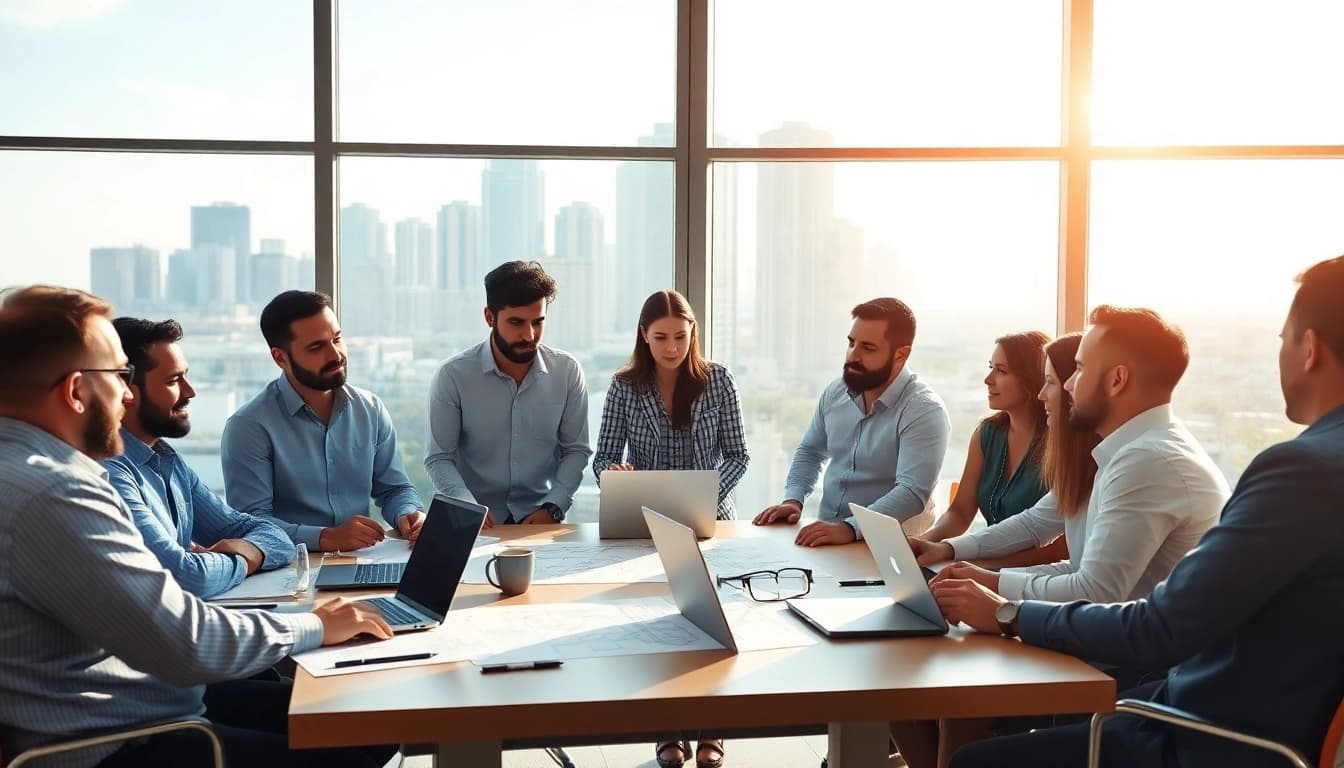 Members of a construction member organization collaborating on plans in a sunlit conference room.