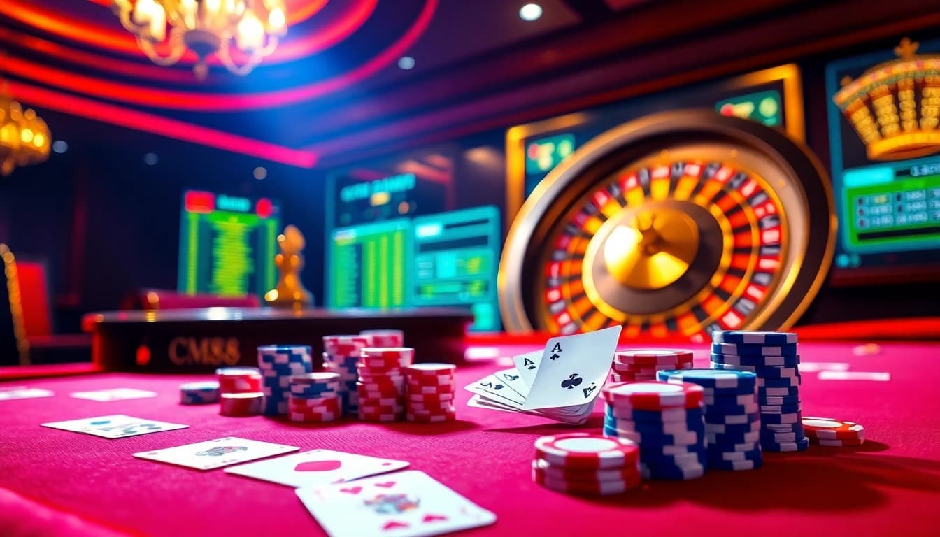 Experience the thrill of CM88 gaming with vibrant tables and spinning roulette wheels in a luxurious casino atmosphere.