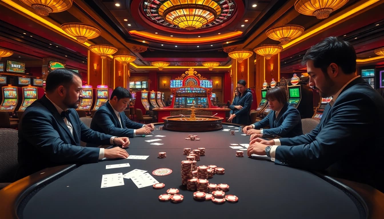 Experience the thrill of mv88 betting with players at a vibrant casino table.