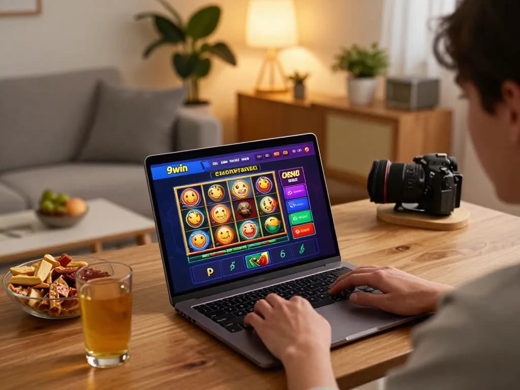 Player enjoying online casino games at 98win on a laptop in a cozy living room.
