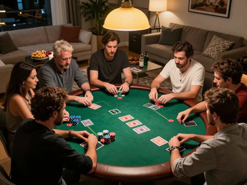 Engaged friends playing poker at home with mk8th, lively atmosphere featuring chips and cards.