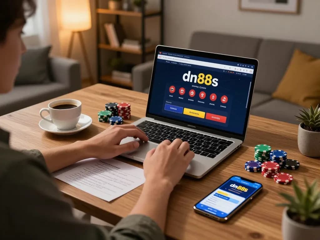 Engaged player using dn88s online casino interface in a cozy home office setting