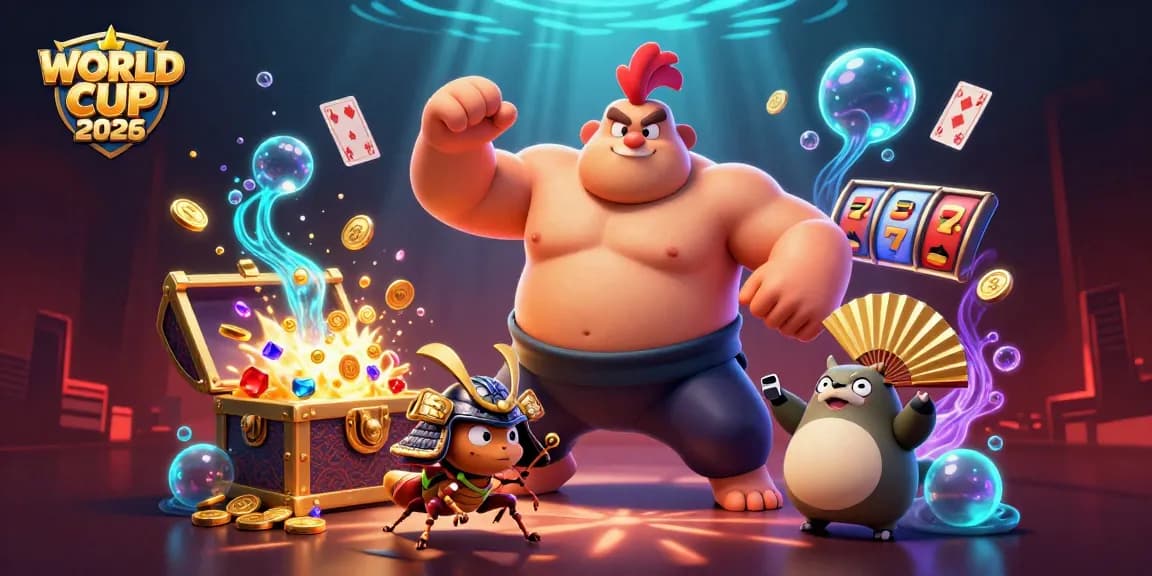 Engage with the thrilling WORLD CUP 2026 gaming scene featuring dynamic characters and vibrant casino elements.