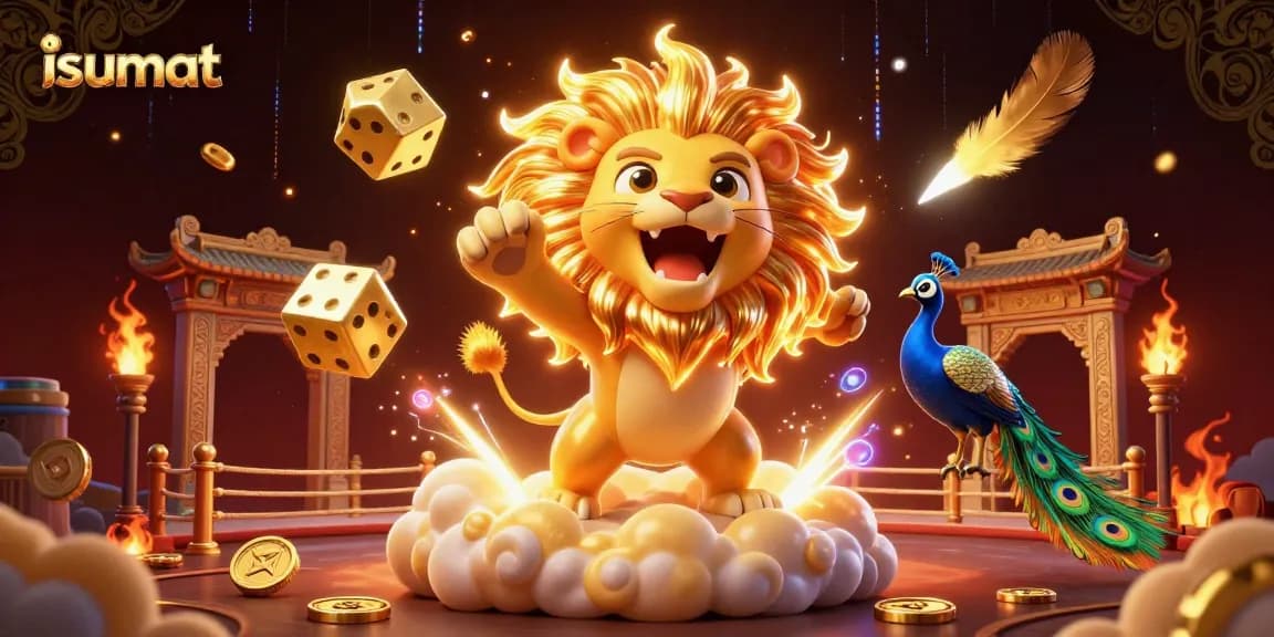 Experience the vibrant action of isumat with a 3D cartoon lion and dynamic casino elements.