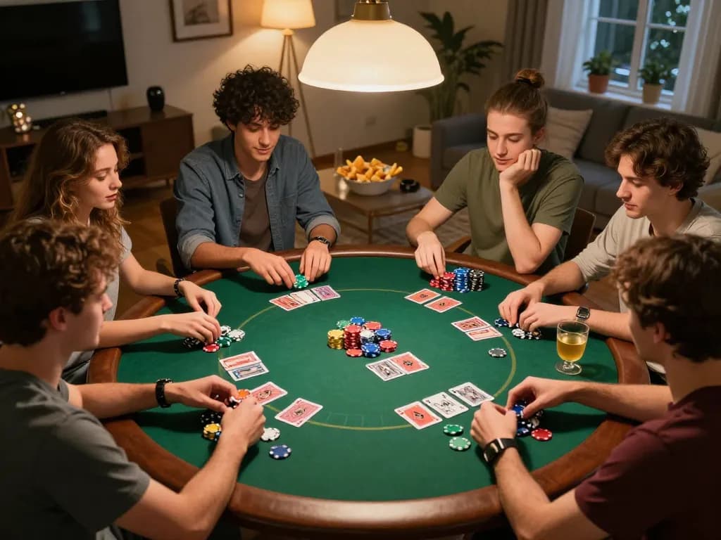 Friends playing poker with engaging strategies at home, showcasing da88gg gaming excitement.
