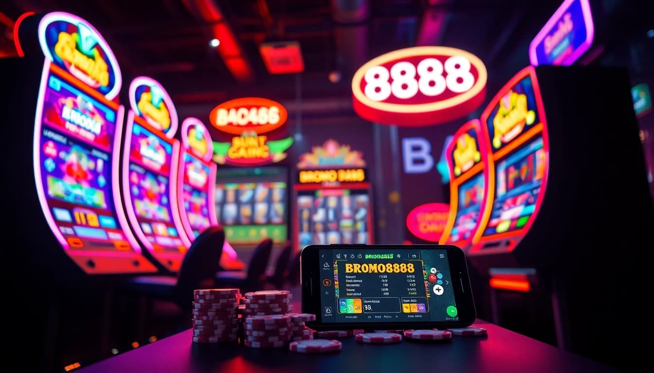 BROMO888 vibrant online slot gaming experience with neon graphics, betting chips, and smartphone app.