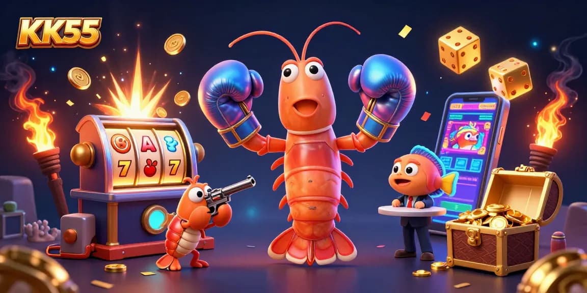 KK55 Creates a dynamic casino scene with cartoon characters and a jackpot frenzy.