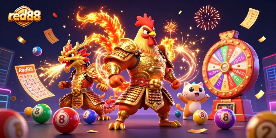 Experience excitement at red88 with powerful gaming elements like dynamic lottery balls and vibrant casino symbols.