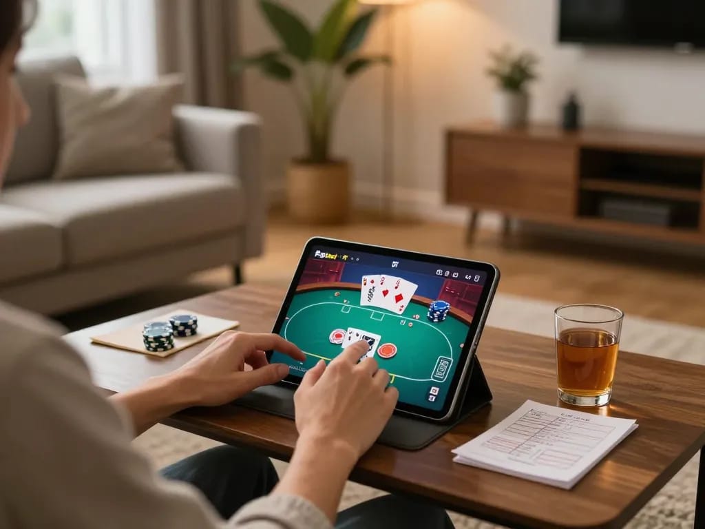 Engaging gameplay experience on F8bet tablet in a cozy home setting, showcasing strategic poker options.