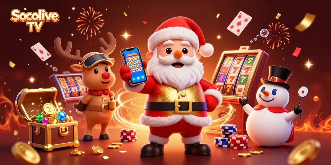 Join the excitement of Socolive TV with Santa Claus and friends celebrating casino wins!