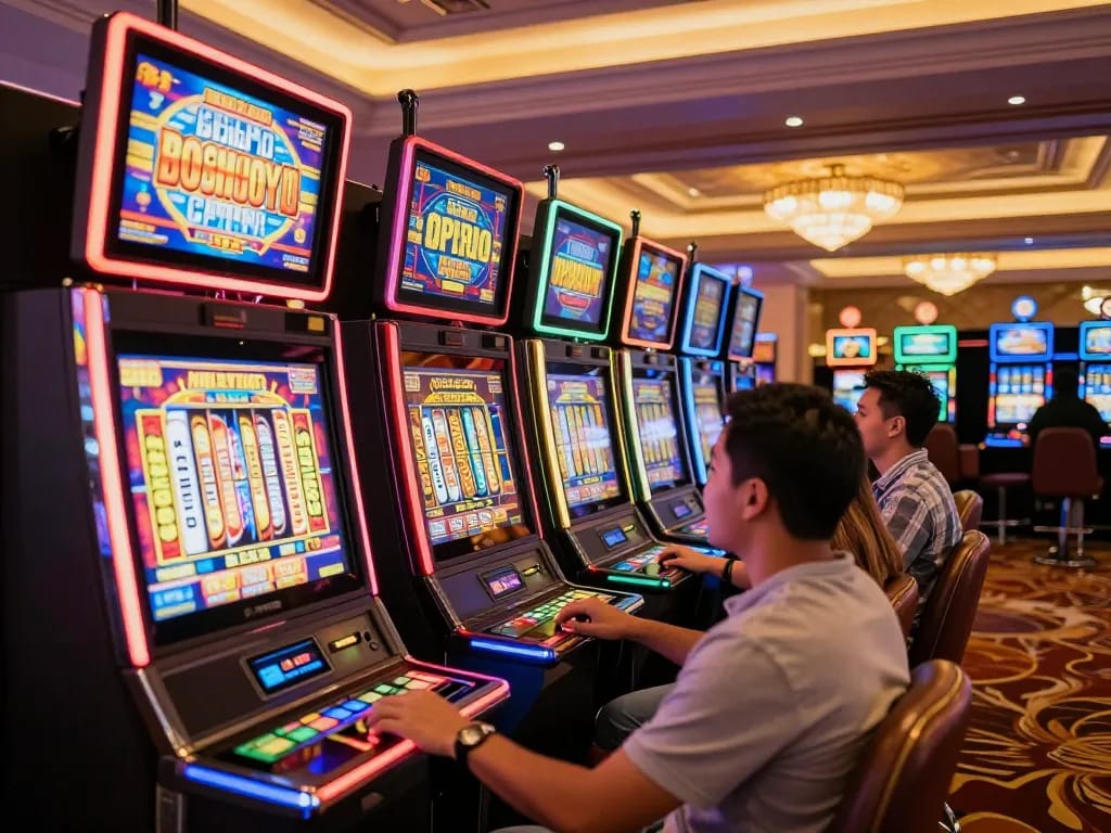 Pemandangan permainan mesin slot yang menarik di kasino yang ramai, pemain menikmati suasana yang vibrant.