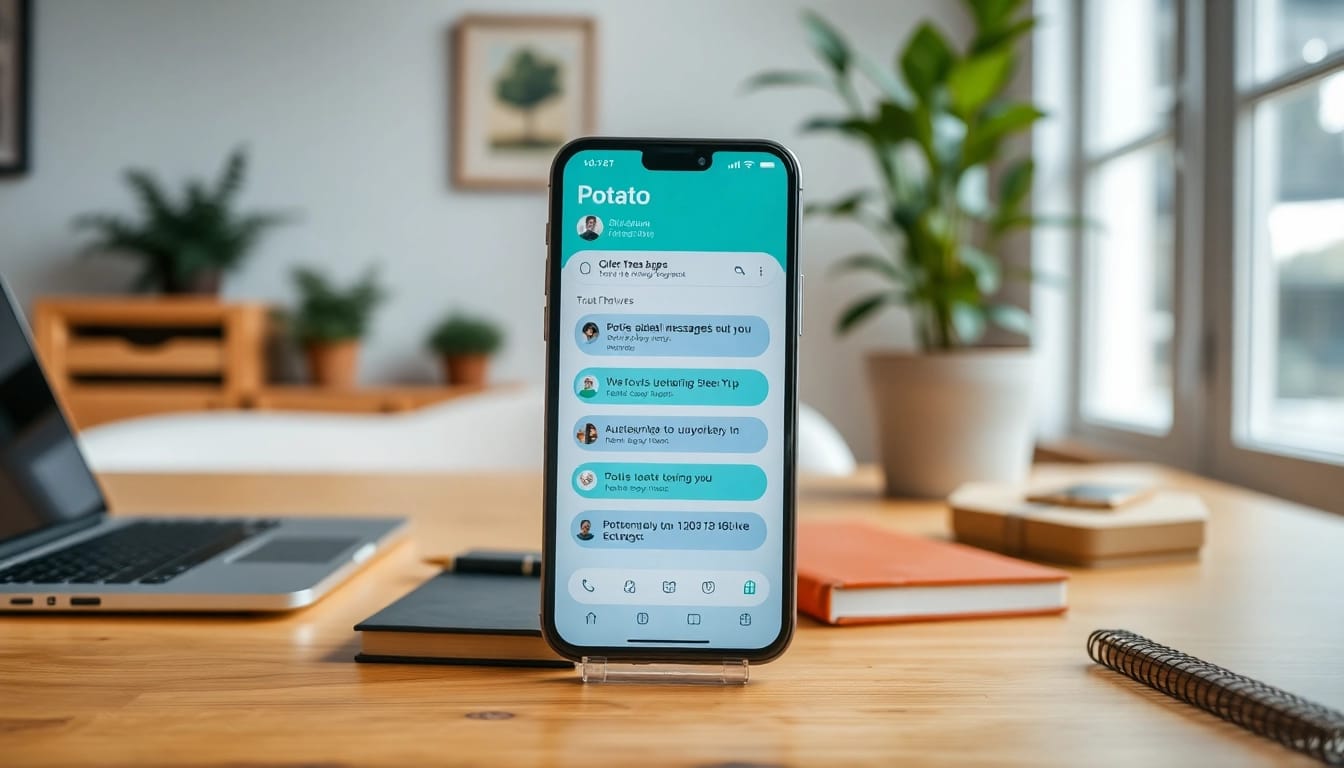 Potato app interface displayed on a smartphone in a cozy workspace, emphasizing privacy and user-friendly design.