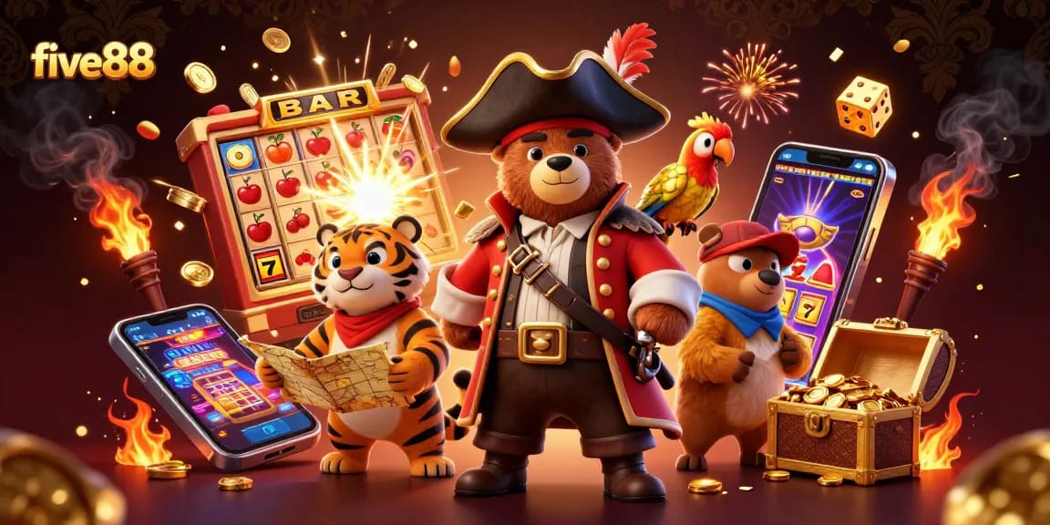 Win big with five88's vibrant casino scene featuring a pirate bear and tiger!
