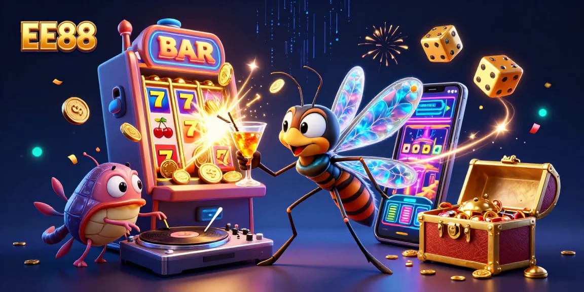 Engage with EE88's vibrant gaming experience featuring a lively casino scene with animated characters and dynamic elements.