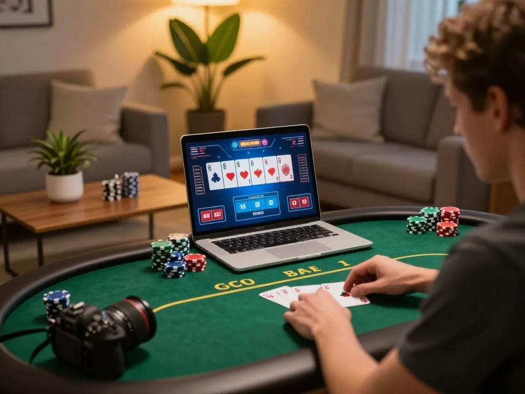 A player enjoys online poker through 789bet, showcasing dynamic gameplay in a cozy home environment.