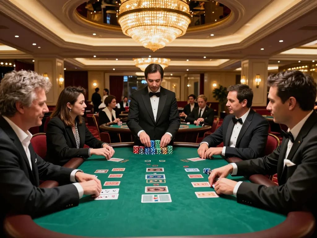 Engaging blackjack action at casino table featuring 5679 players in elegant attire.