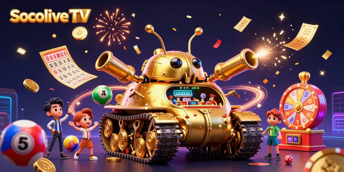 Socolive TV showcases an ultra-detailed golden tank casino with lively elements for immersive gambling fun.