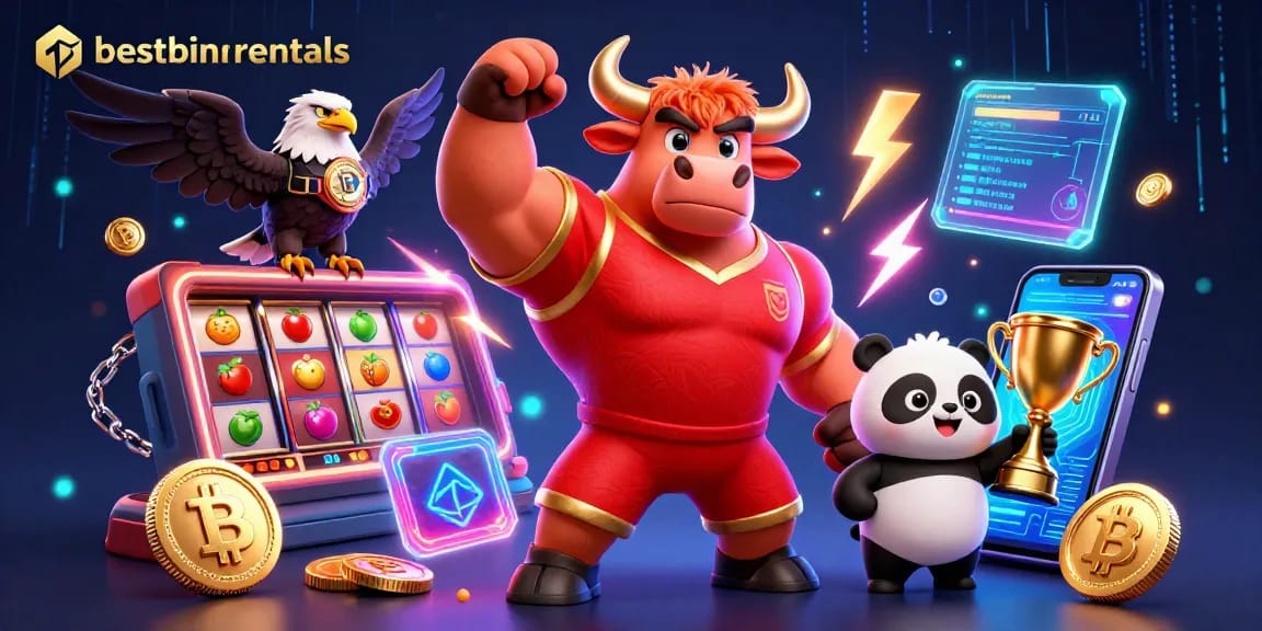 bestbinrentals showcases a vibrant casino scene with animated characters celebrating gaming triumphs amid colorful slot reels and cryptocurrency.