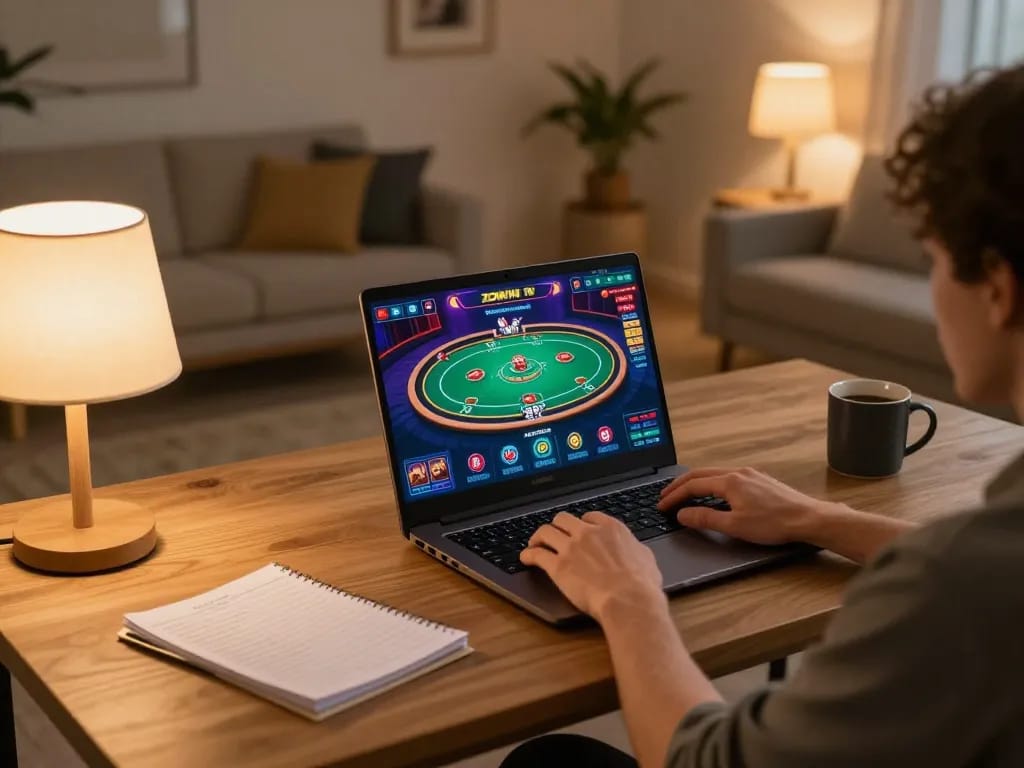 ZOWIN 10 player engaged in a thrilling online poker game at home, showcasing an organized and inviting gaming space.